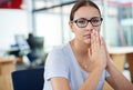 Portrait, woman and designer thinking in office for vision to planning, solutions and ideas for startup business Royalty Free Stock Photo