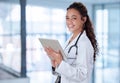 Portrait, woman and doctor with tablet, smile and telehealth for medical research, online schedule and career. Face Royalty Free Stock Photo