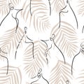 Portrait of a woman with an earring in the palm leaves of Dypsis. Minimalistic seamless pattern. Modern vector hand