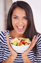 Portrait, woman and excited for fruit bowl, natural nutrition and healthy organic food. Happy, female person with snack Royalty Free Stock Photo