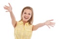 Portrait, woman or excited for news with outstretched hands or celebration for winning bonus prize. Model, arms out or