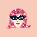 Portrait of woman with fancy glasses and flowers. Avatar of European female character. Vector for postcards, posters Royalty Free Stock Photo
