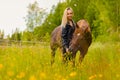 Portrait of woman feeding her arabian horse with snacks in the field Royalty Free Stock Photo