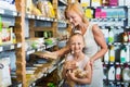 Portrait of woman and girl gladly shopping of pasta Royalty Free Stock Photo