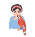 Portrait of woman in glasses holding her macaw parrot and feeding it. Beautiful female cartoon character with exotic Royalty Free Stock Photo