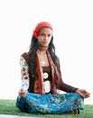 Portrait, woman or grass in mindfulness, meditation or natural mental health to relax in peace. Bohemian girl, zen or