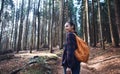 Portrait of a woman hiker walking on the trail in the woods. Royalty Free Stock Photo