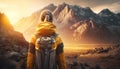 Portrait of a woman hiker with yellow backpack standing on a top against mountains, generative ai. Traveling along Royalty Free Stock Photo