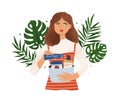 Portrait of woman holding basket with organic cosmetics vector flat illustration. Female choosing eco friendly skin care