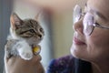 Portrait of woman holding cute Muskin cat with brown eyes. Female hugging her cute long hair kitty. Close up Royalty Free Stock Photo