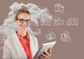 Portrait of woman holding digital tablet with graphics and cloud in background Royalty Free Stock Photo