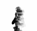 Portrait of woman holding her smartphone in a hands. Horizontal, isolated, double exposure, bw