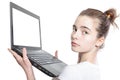 Portrait of a woman holding a laptop Royalty Free Stock Photo