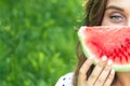 Portrait of woman holding slice of watermelon Royalty Free Stock Photo