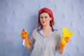 Woman housewife with cleaning bottle spray and rag in hand on blue background Royalty Free Stock Photo