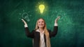 Portrait of a woman isolated on a green background, light bulbs are depicted on top. The girl is excited about the idea Royalty Free Stock Photo