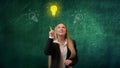 Portrait of a woman isolated on a green background, light bulbs are depicted on top. The girl is excited about the idea Royalty Free Stock Photo