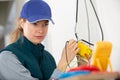 Portrait woman measuring electrical current Royalty Free Stock Photo