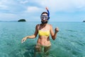 Portrait woman posing in diver snorkeler mask at sea water beach tropical resort Royalty Free Stock Photo