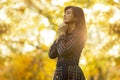 Portrait of a woman praying in nature, the girl thanks God with her hands folded at her chin, a conversation with the Creato Royalty Free Stock Photo