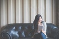 Portrait of woman reading a magazine online on tablet at coffee cafe Royalty Free Stock Photo