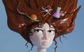 portrait of a woman scientist with planet, atom and test tube in her hair 3D render