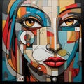 Colorful Abstracted Woman\'s Face: A Cubist Exploration Of Urban Emotions