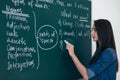 Portrait of woman teacher writing on blackboard in classroom Royalty Free Stock Photo