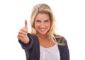 Portrait, woman and thumbs up in studio for success, winning and thank you against white background. Face, grl and hand Royalty Free Stock Photo