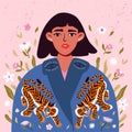 Portrait of woman in trendy outwear. Female character in fashionable autumn outfit with tigers. Vector illustration.