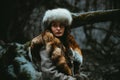 Portrait of a woman wearing fur hat and fox fur pelt on her shoulders.Shot in forest surroundings. Royalty Free Stock Photo