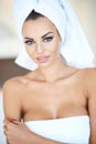 Portrait of Woman Wearing White Bath Towel Royalty Free Stock Photo