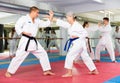 Portrait of woman wearing white kimono sparring with male opponent during martial arts training Royalty Free Stock Photo