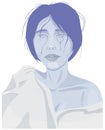 Portrait of a woman in white shirt crying. Blue hair and skin