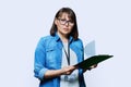 Portrait of woman worker with industrial center card clipboard, on white background