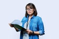 Portrait of woman worker with industrial center card clipboard, on white background