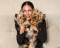 Portrait of a woman - yorkshire terrier breeder with dogs Royalty Free Stock Photo