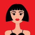 Portrait of woman. Young girl face. Beautiful lady, female. Brunette bob cut hairstyle. Black hair. Red lipstick makeup. Avatar Royalty Free Stock Photo