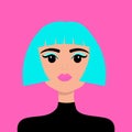 Portrait of woman. Young girl face. Beautiful lady, female. Front view. Bob cut hairstyle. Blue hair. Avatar for social networks. Royalty Free Stock Photo