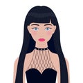 Portrait of woman. Young girl modern face. Black long hair with bangs. Beautiful lady, female. Front view. Avatar for social