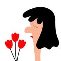 Portrait of woman. Young girl profile face. Funny lady, female. Red tulip flower. Black hair. Avatar for social networks. Cute