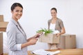 Portrait, women and moving to office with smile, tablet and opportunity for entrepreneurship together. Computer, startup Royalty Free Stock Photo