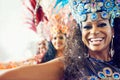 Portrait of women, samba and Brazilian carnival dancers in creative fashion for celebration, party and music festival