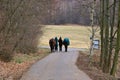 Portrait of women walking while talking with their two horses Royalty Free Stock Photo