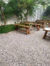 wooden tables and benches