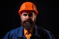 Portrait worker in construction helmet. Builder foreman or repairman in builder uniform. Worker in studio. Construction