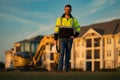 Portrait of worker small business owner. Construction worker with hardhat helmet on construction site. Construction