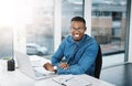 Portrait, working and black man by computer in office, workspace and desk happy in creative career. Happiness Royalty Free Stock Photo