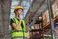 portrait working woman staff worker inventory management supervisor team work operate warehouse products shipping control job Royalty Free Stock Photo