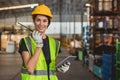 portrait working woman staff worker inventory management supervisor team work operate warehouse products shipping control job Royalty Free Stock Photo